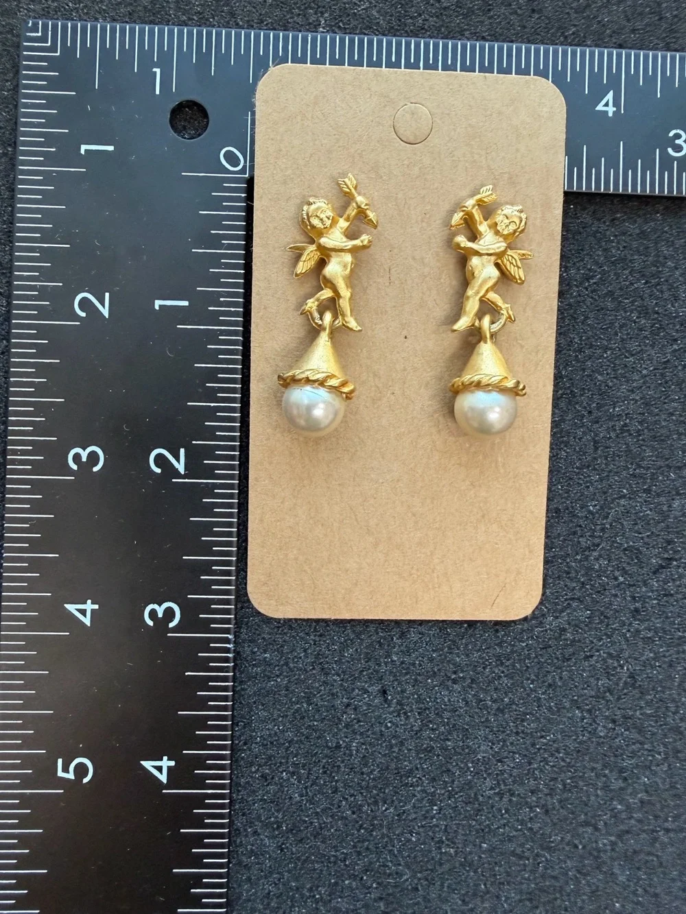 Jim Shore Yellow Gold Toned Angel Cherub Pearl Drop Earrings